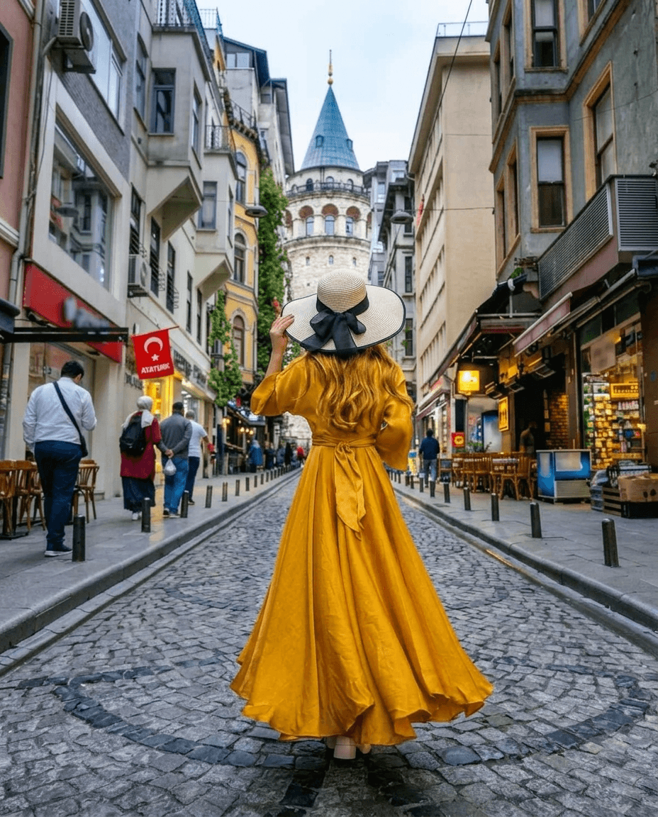 Illustrative Istanbul scene with a visitor in a yellow dress near Galata Tower