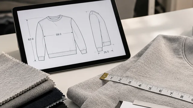 AI-generated concept of a garment reference drawing, fabric swatches and a folded grey sample with a measuring tape.